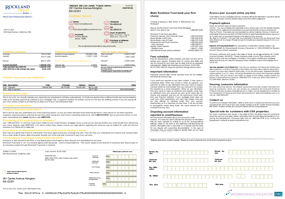 USA Massachusetts Rockland Trust bank mortgage statement in Word and PDF formats, 2 pages